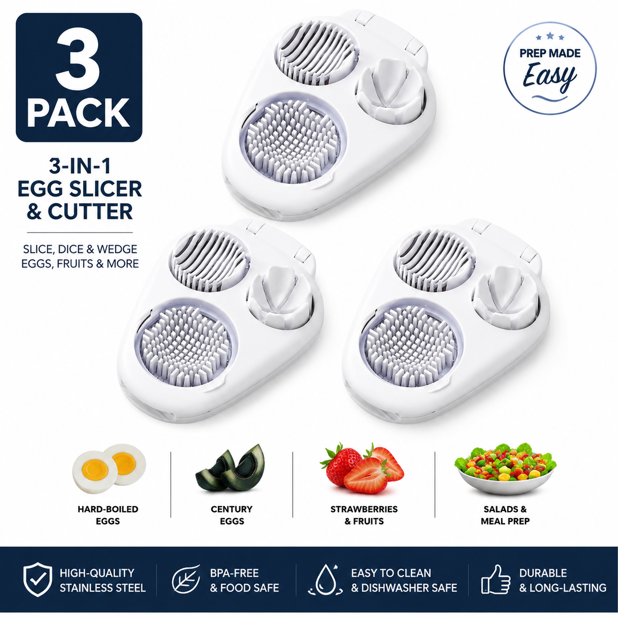 3-in-1 Stainless Steel Egg Slicer & Fruit Cutter – Multi-Function Kitchen Tool for Hard-Boiled Eggs, Century Eggs, Strawberries & Soft Fruits – Easy Prep for Salads, Bento & Meal Prep