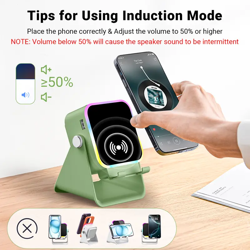 PUTARE Wireless Induction Audio Speaker Stand, 5in1 Cellphone Holder, 3500mAh Rechargeable Emergency Power Bank,360° Adjustable Mobile Tablet Stand with Colorful Ambient Light Gifts for Men Women SummerWins