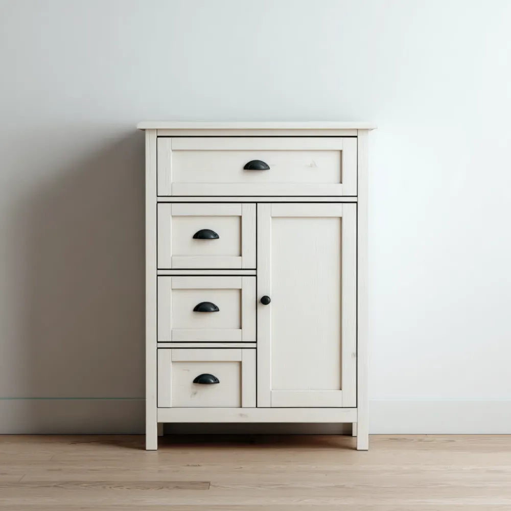 収納キャビネット パイン材 ホワイト 70cm x 40cm x 110cm 5引き出し1ドア モダンデザイン