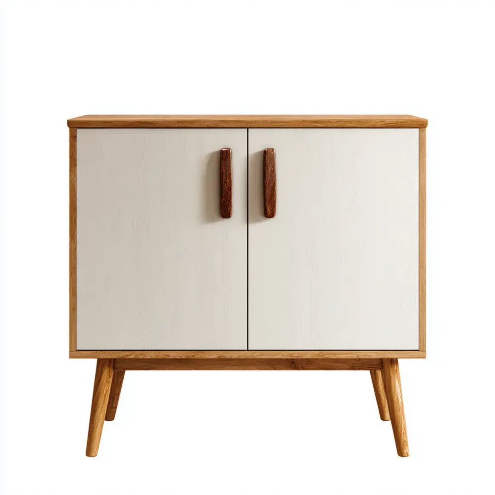 室内収納キャビネット 木製 80x40x75 cm - ナチュラルブラウン/オフホワイトデザイン