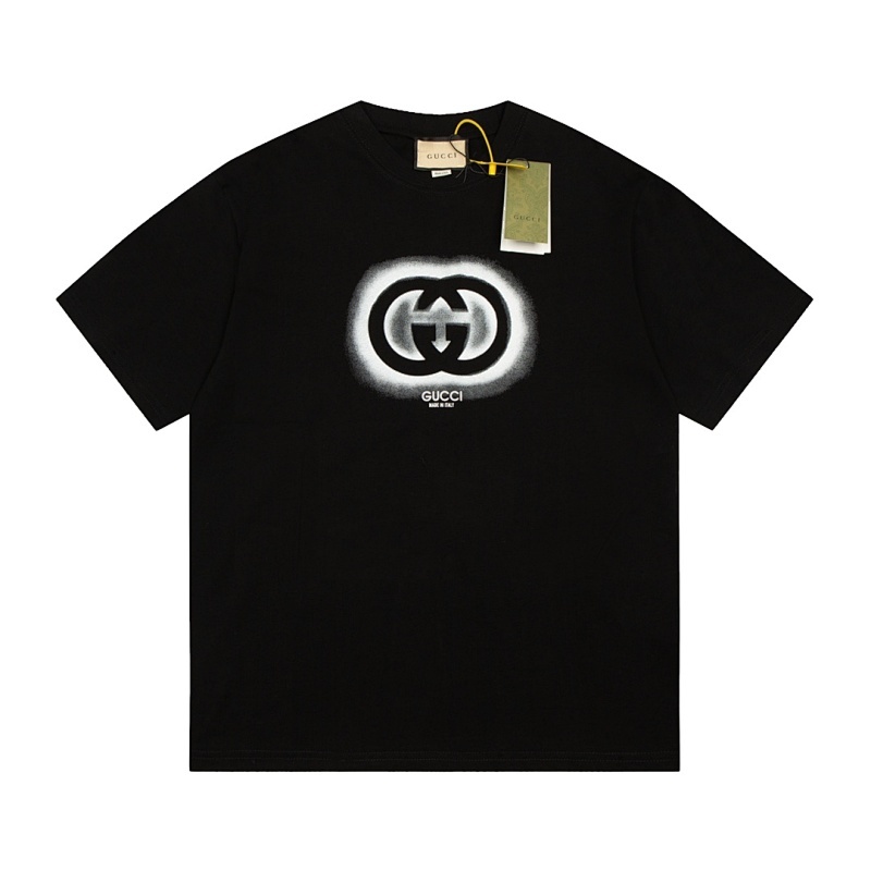 GUCCI 黒のコットンプリントクルーネックTシャツ