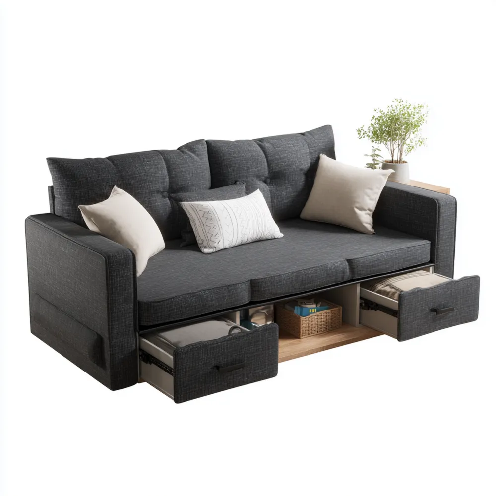 ソファベッド 布製 ストレージ付き 200x90x85cm - ダークグレー - 多機能デザイン