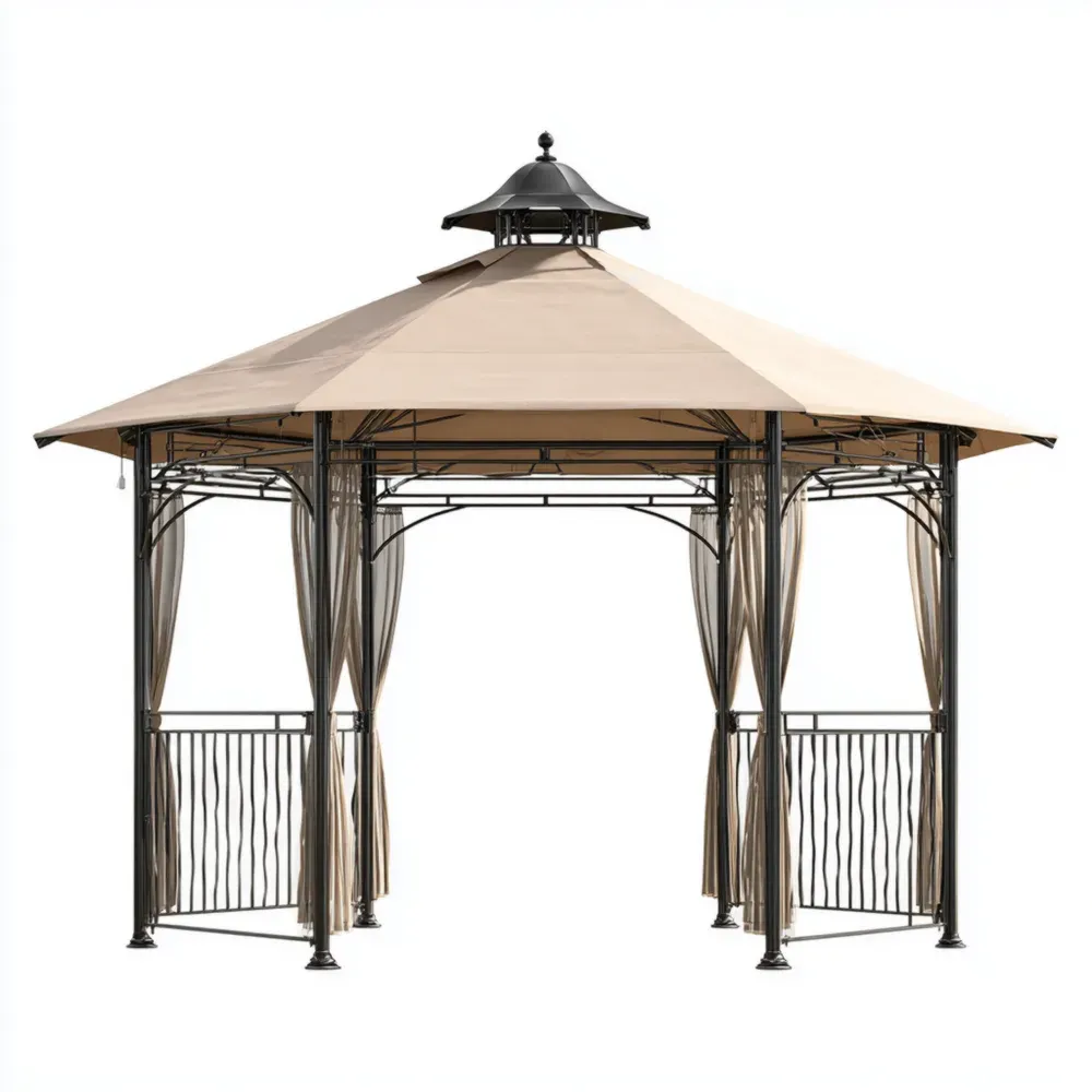 ガゼボ アウトドア用 金属フレーム 3x3x2.7m - ベージュ - 防水加工