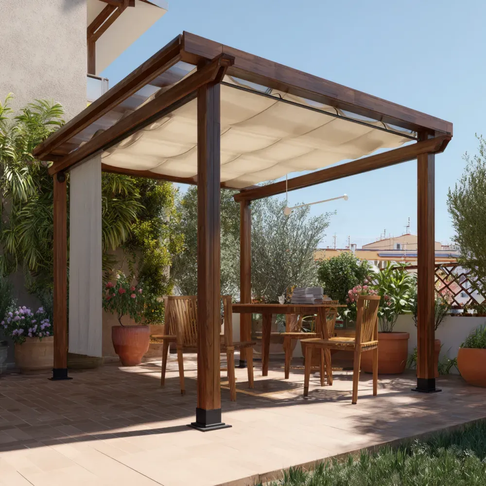 木製パーゴラ 屋外用 300x400x250 cm – ナチュラルブラウン – 調整可能なシェード