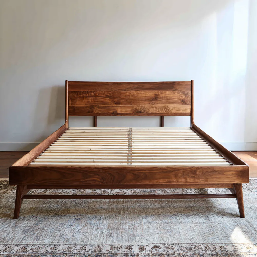 ベッドフレーム ウッド 140x200x35 cm - ブラウン - ミッドセンチュリーモダン
