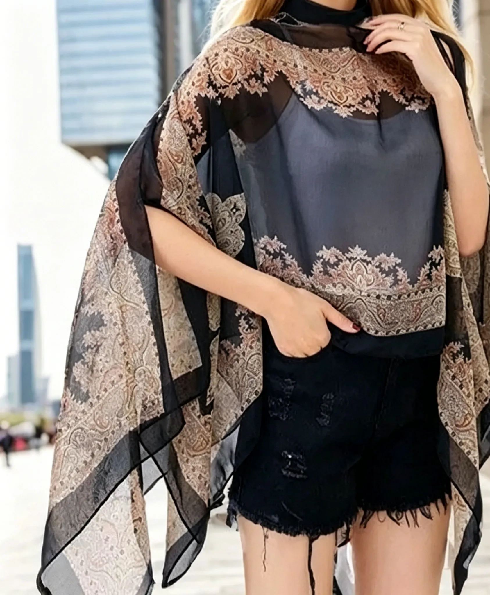 ผ้าชีฟองกันแดด เสื้อคลุมไหล่แบบสวมหัว
