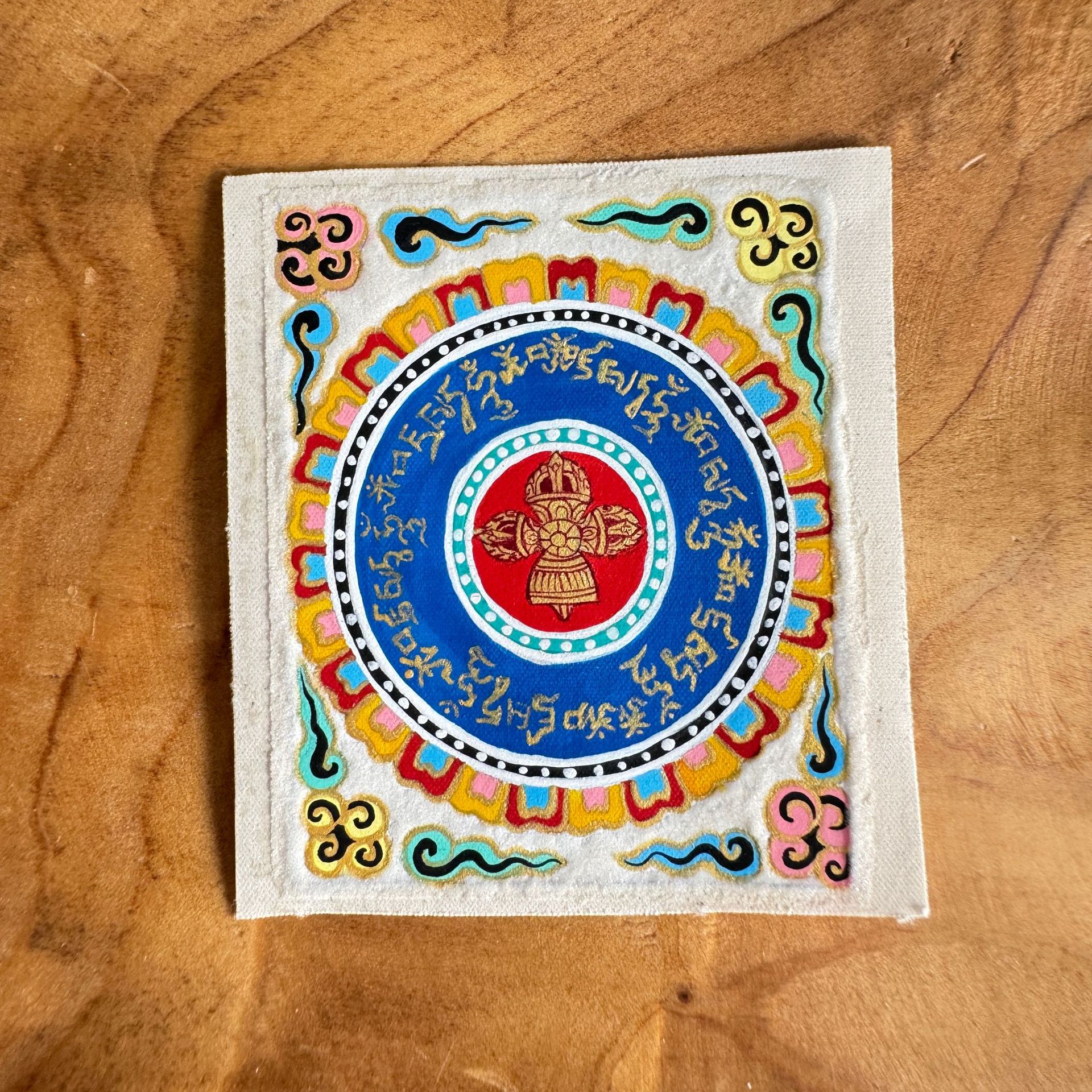Hand-Painted Vajra Mandala Mini Thangka - Om Mani Padme Hum Mantra Art