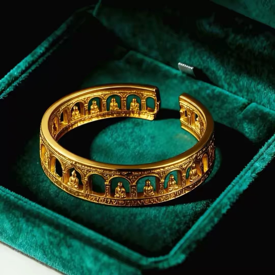 Gold Buddha Cave Cuff Bangle - Spiritual Buddhist Bracelet