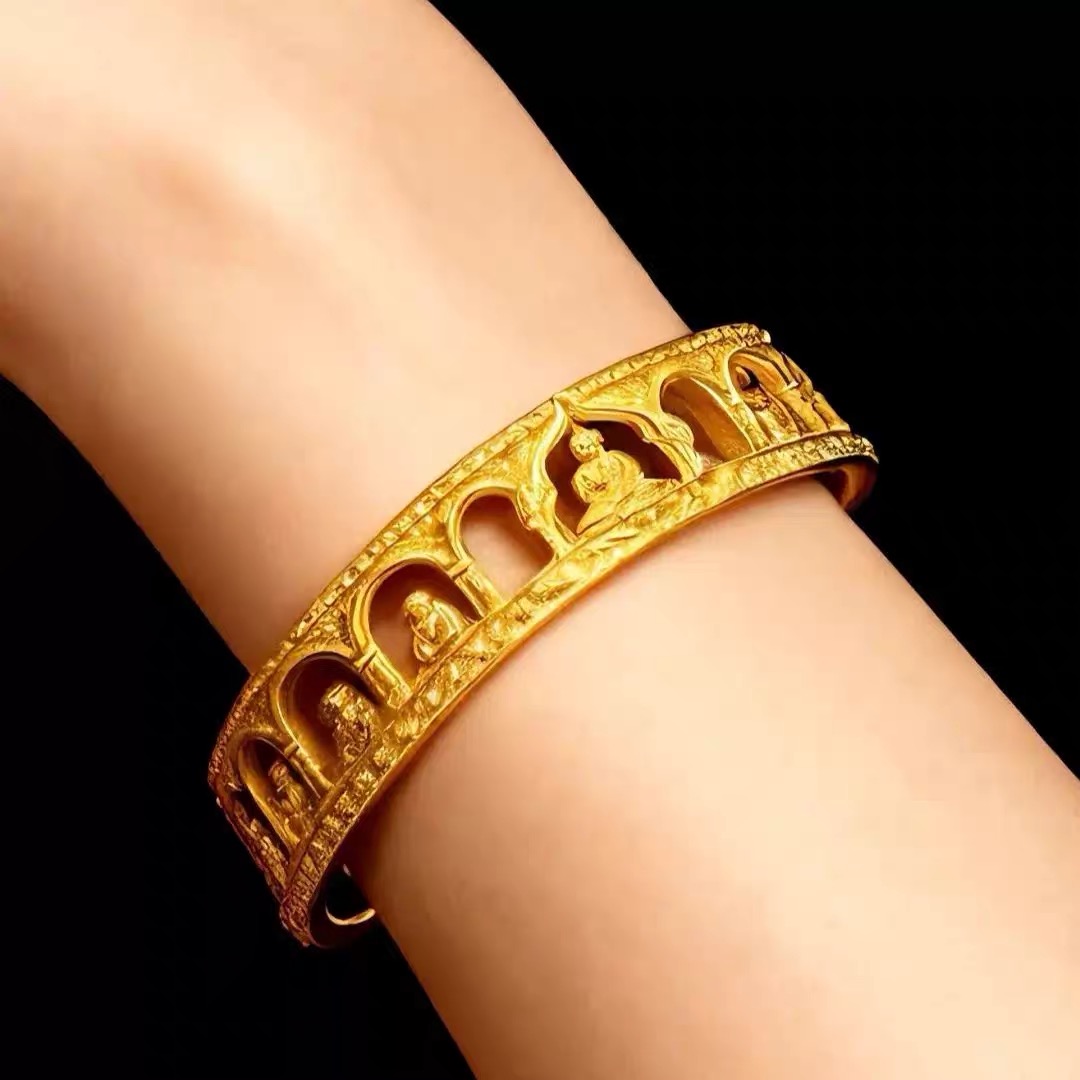 Gold Buddha Cave Cuff Bangle - Spiritual Buddhist Bracelet