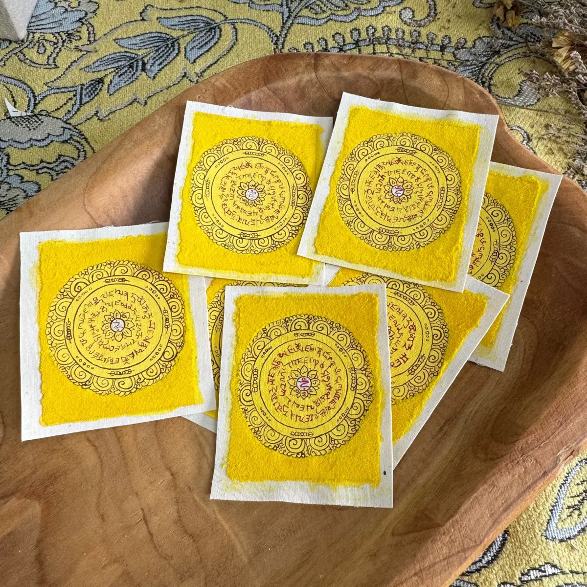 Hand-Painted Yellow Jambhala Mantra Mandala Mini Thangka