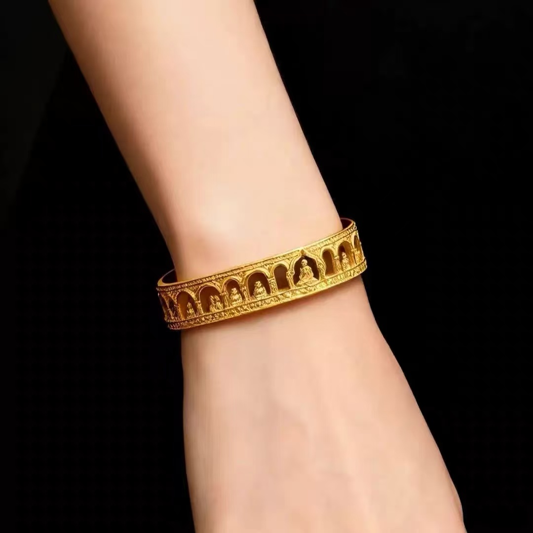 Gold Buddha Cave Cuff Bangle - Spiritual Buddhist Bracelet
