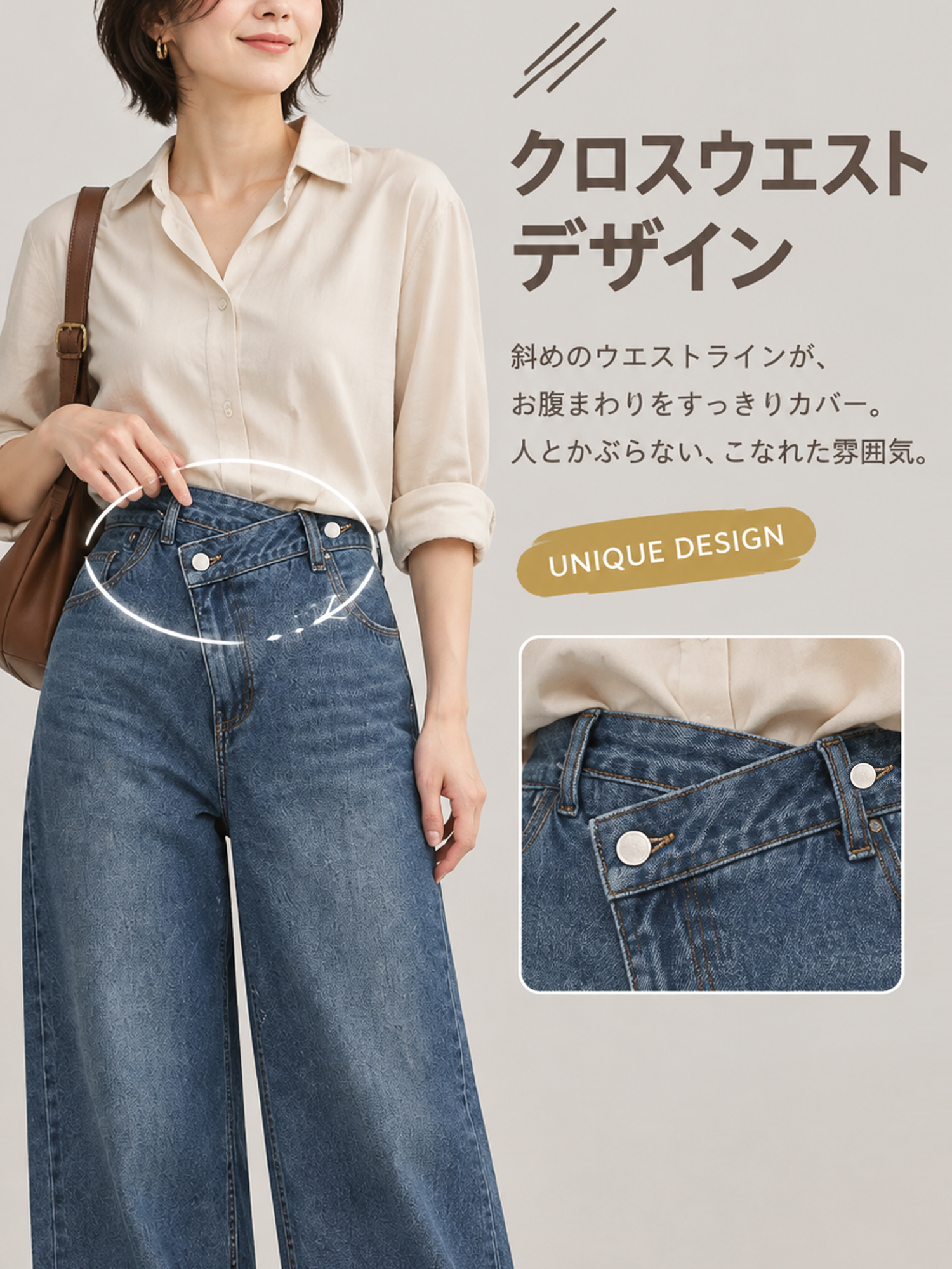 【 タイム限定 さらに47%OFF！！！】斜めボタンワイドデニム｜個性的な斜めデザインでウエストすっきり オールシーズン対応