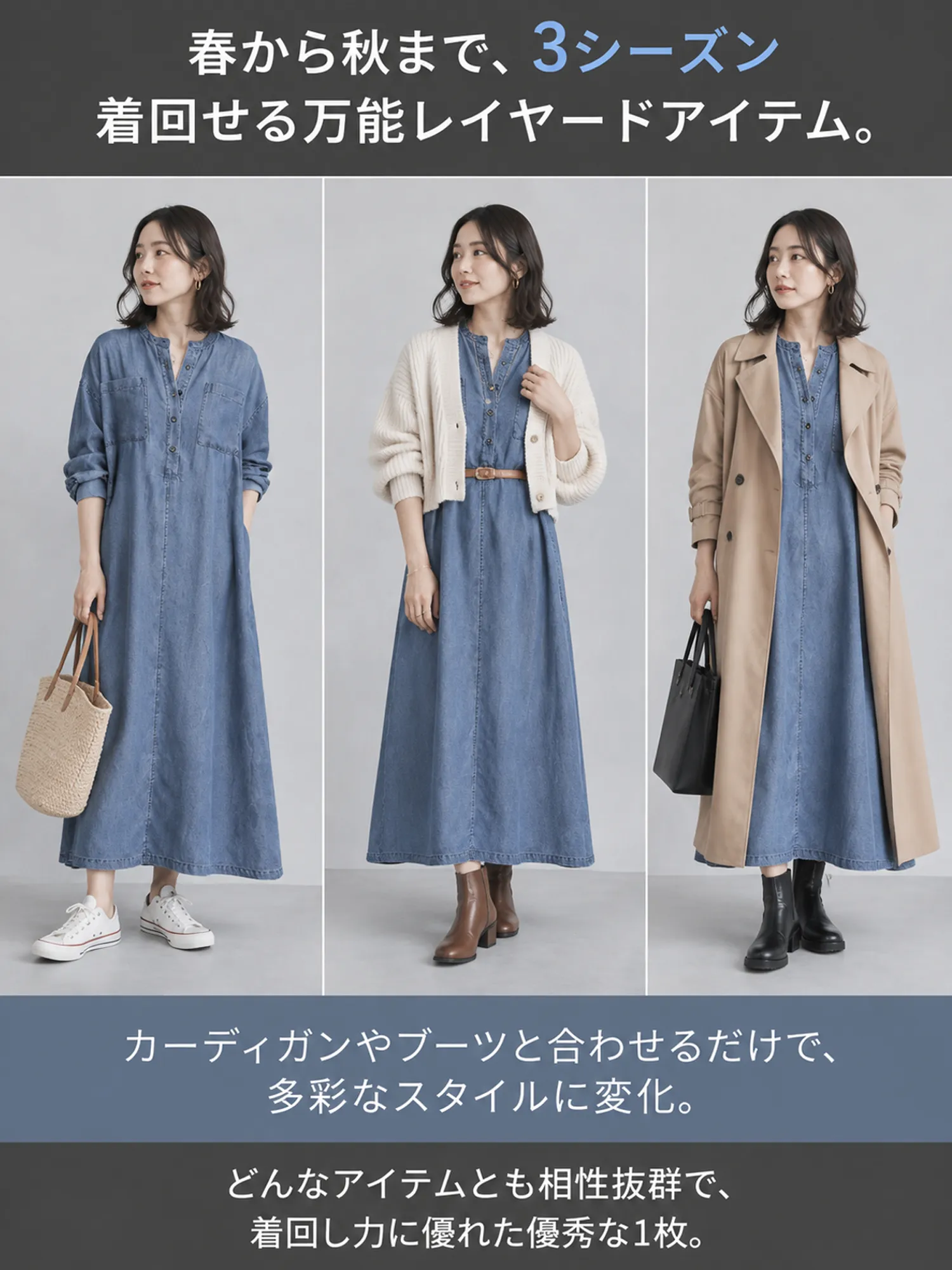【ヴィンテージ風ルーズデニムシャツワンピース】ゆったりとしたストレートシルエットが、ウエスト・ヒップ・脚のラインを自然にカバー