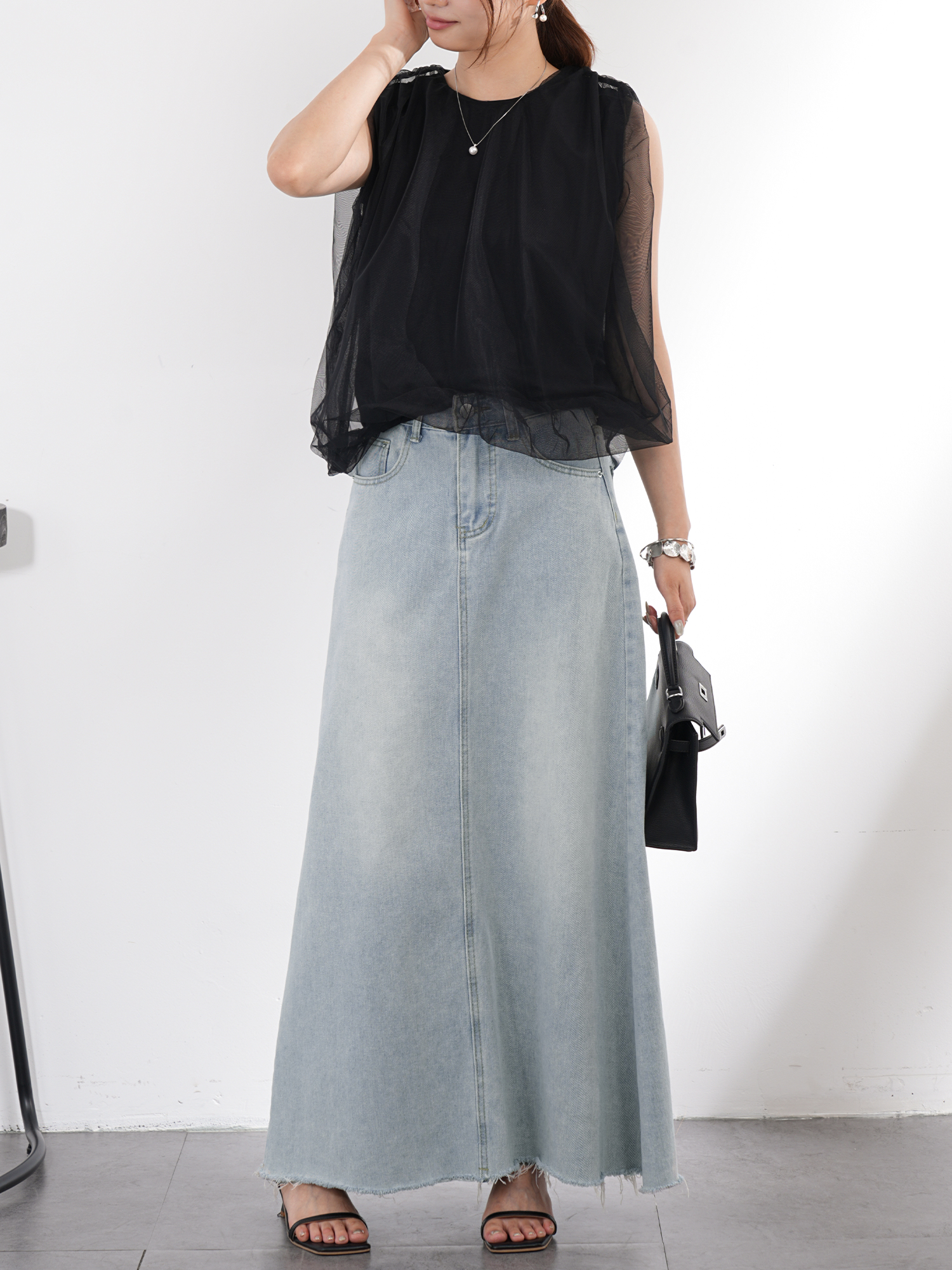 【Aライン デニムロングスカート~~~】体型を選ばず、大人女性の究極の「ミニマリズム」を実現。おしゃれ必須アイテム、毛羽立ち裾、ウォッシュ加工