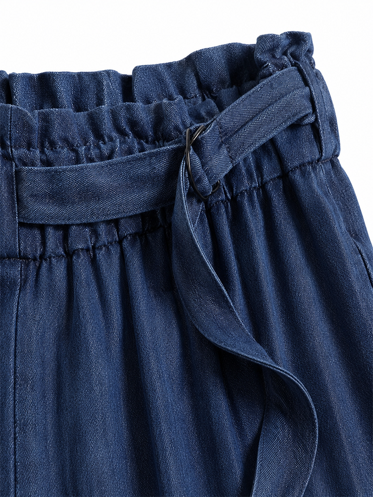 【テンセルデニムハイウエストドレープワイドパンツ】  “呼吸する”上質なテンセル素材、お腹をカバーする「若見えチューリップウエスト」、重力が引き出す「シームレスな落ち感」"-sosove
