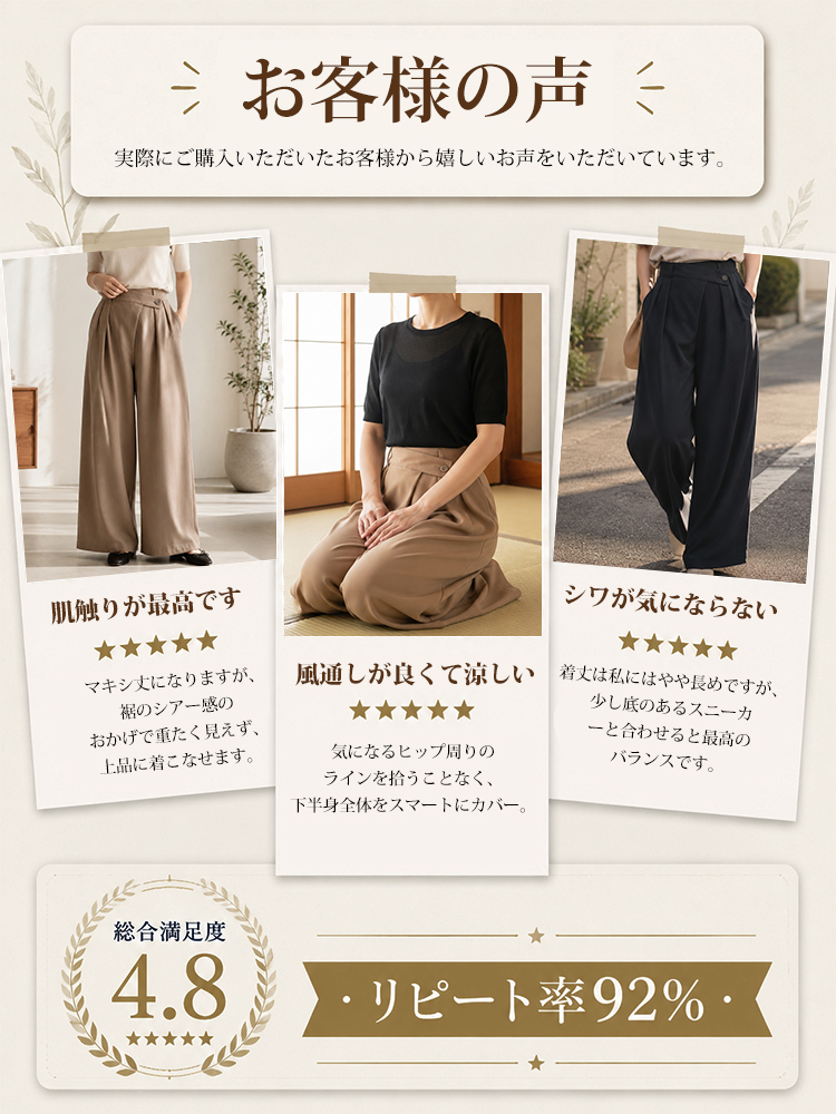 1363936 【アシンメトリーハイウエストワイドパンツ】折り込み斜め前立て、ドレープスラックス。前すっきり後ろゆとりで快適。