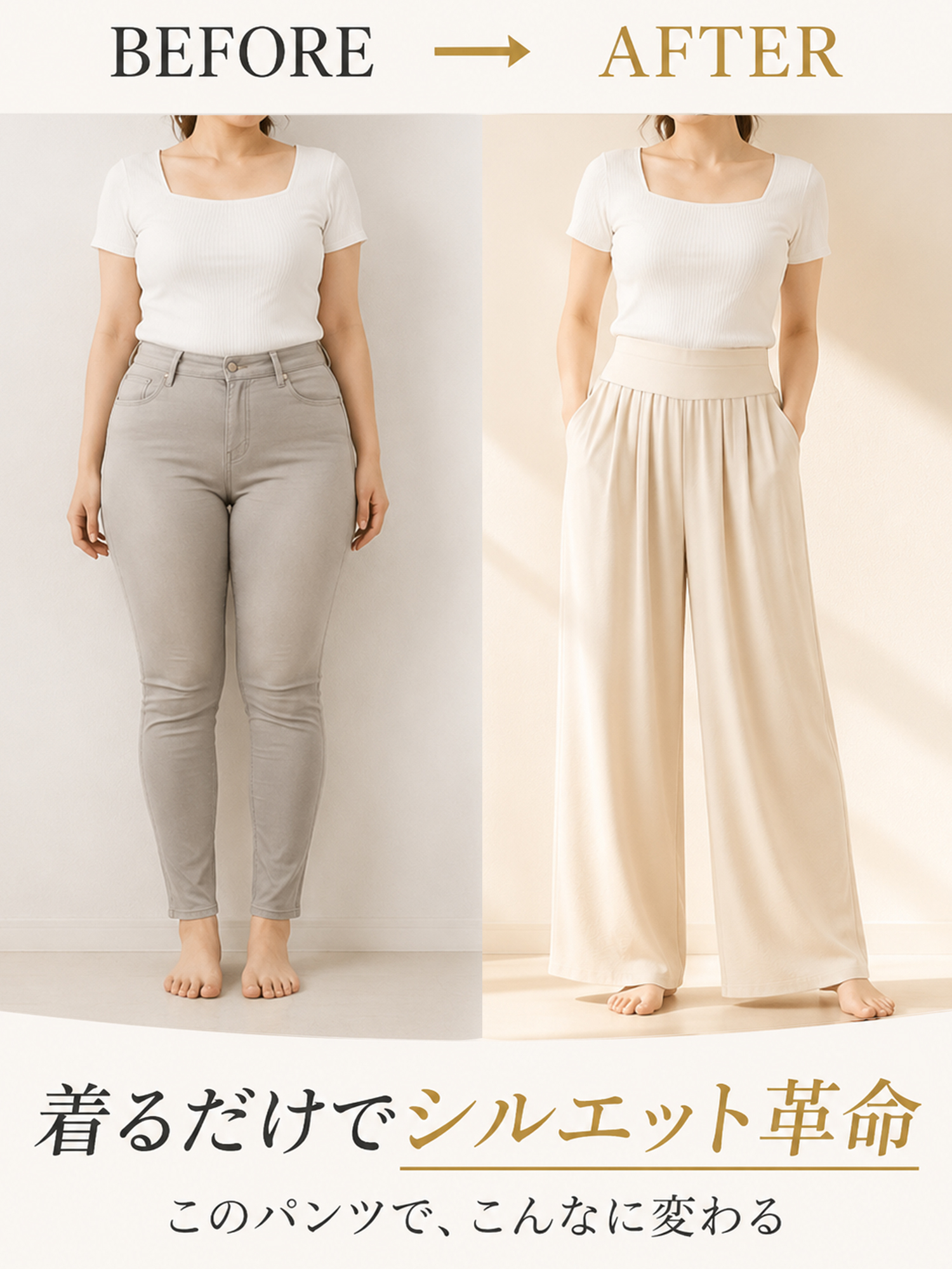 【ハイウエスト ゆったりストレート テーラードパンツ】幅広ウエストバンドが締め付けをやわらげ、視覚的にすっきり。腰まわりに自然にフィットし、心地よいはき心地を実現します。