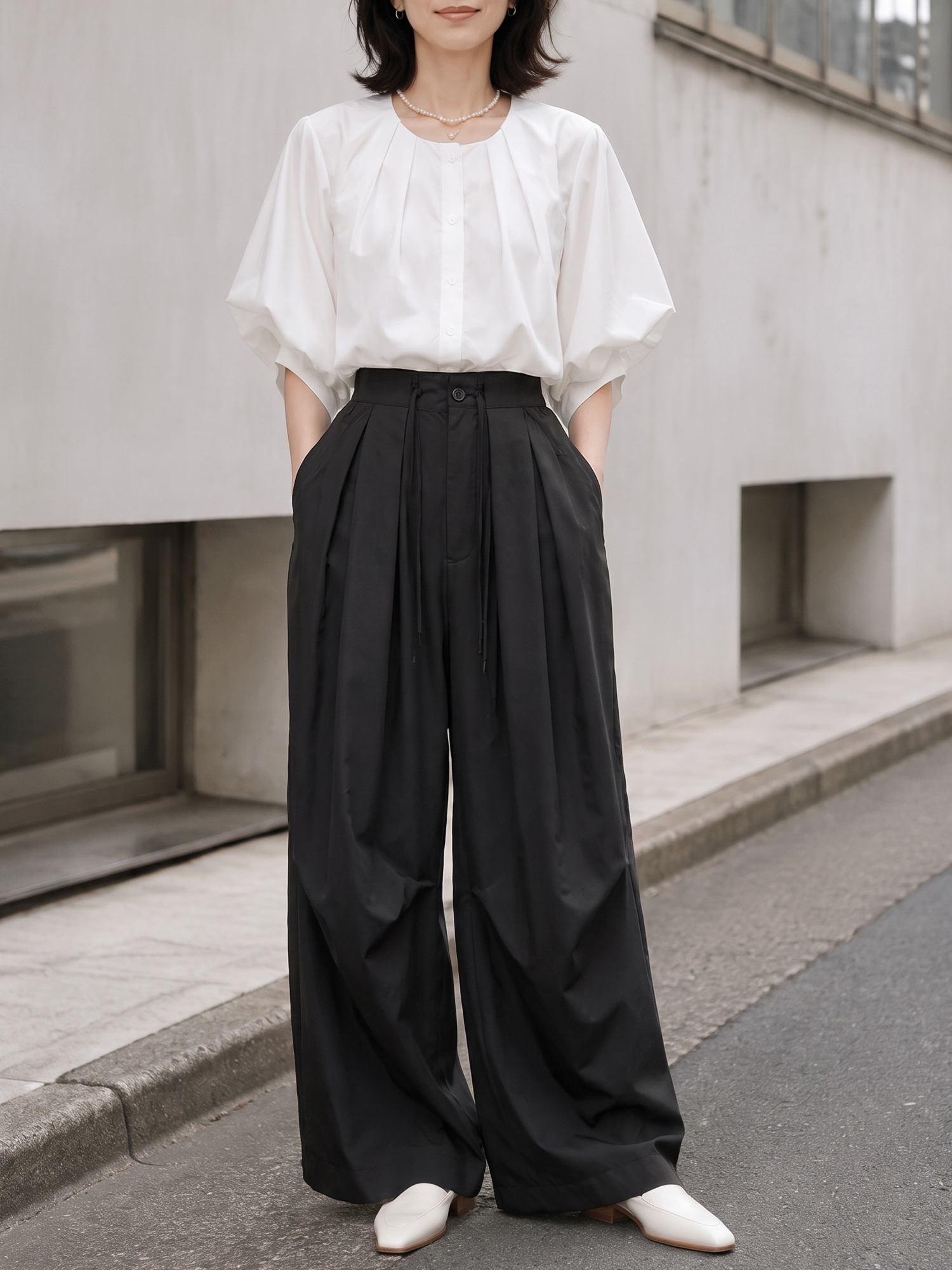 【カーゴパンツ】ゆったりドローストリング・ウォッシュ加工、バルーンシルエット。体型をカバーし、ウエストベルト調節でさまざまな体型・身長に対応。