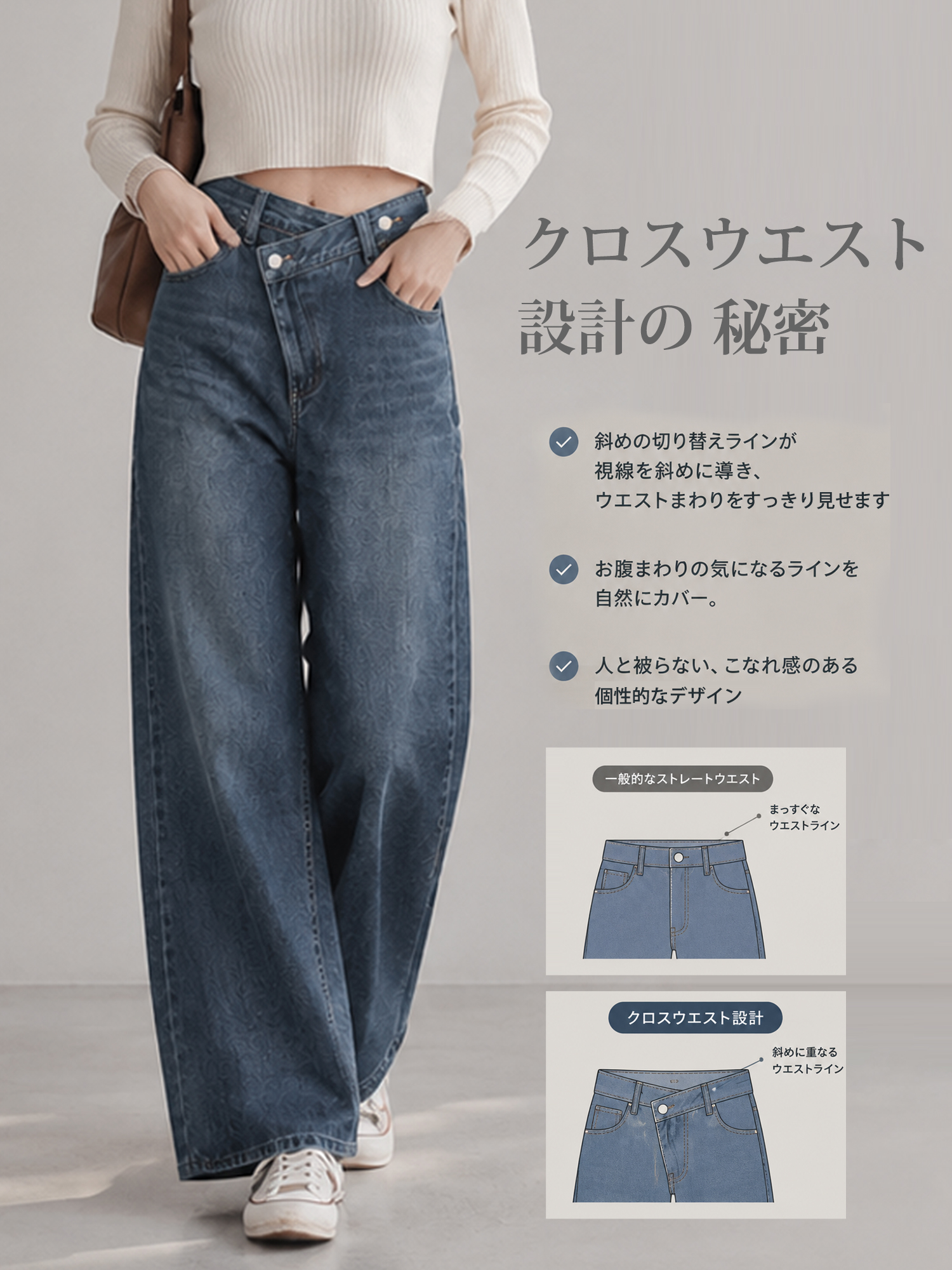 【 タイム限定 さらに47%OFF！！！】斜めボタンワイドデニム｜個性的な斜めデザインでウエストすっきり オールシーズン対応