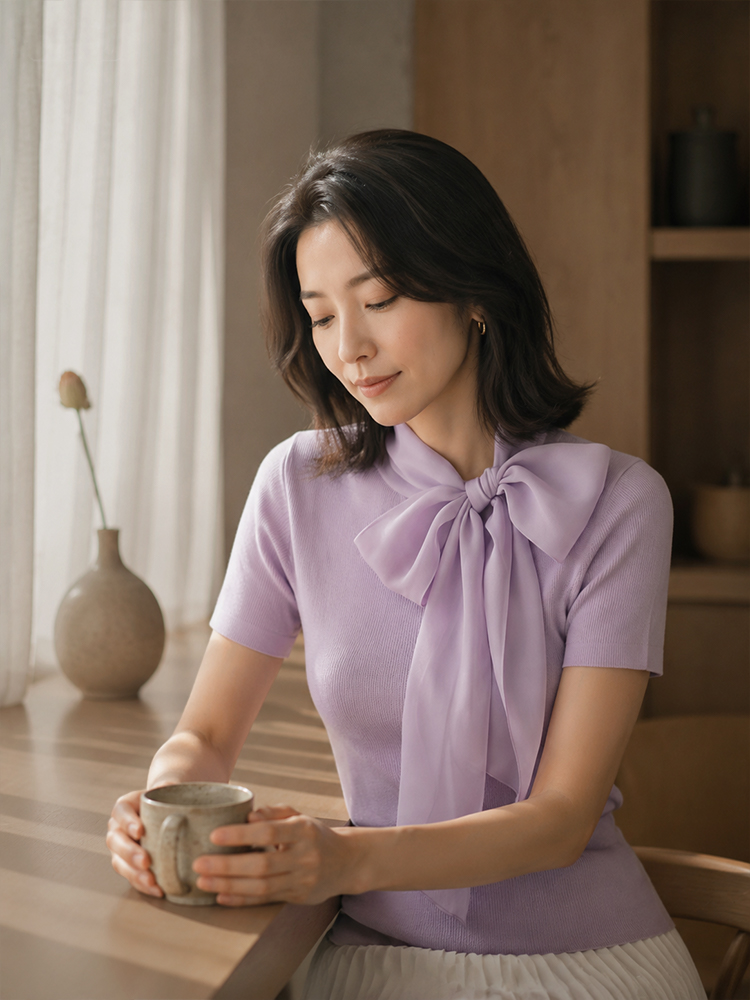 【リボンストラップニット半袖】おしゃれで若見え、夏にぴったりのリボン付き半袖ニットトップス-sosove