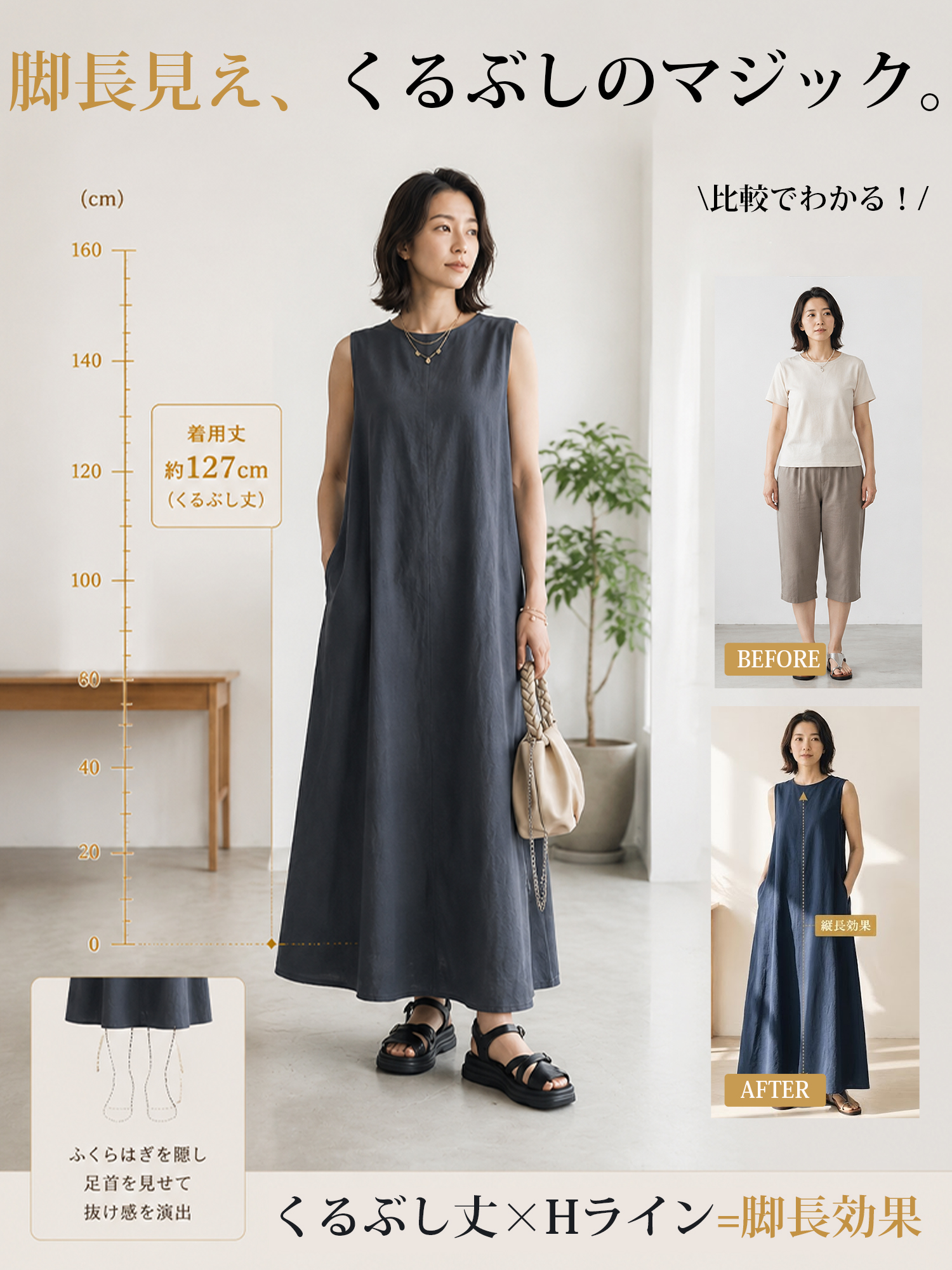 【シンプルラウンドネックコットンリネン通勤ワンピース】 Aラインでお腹・ヒップをカバーし軽やか；通気性・肌触り良好なコットンリネン；ウエストレスで締め付けず、ゆったり裾が歩くたびに風を通す。