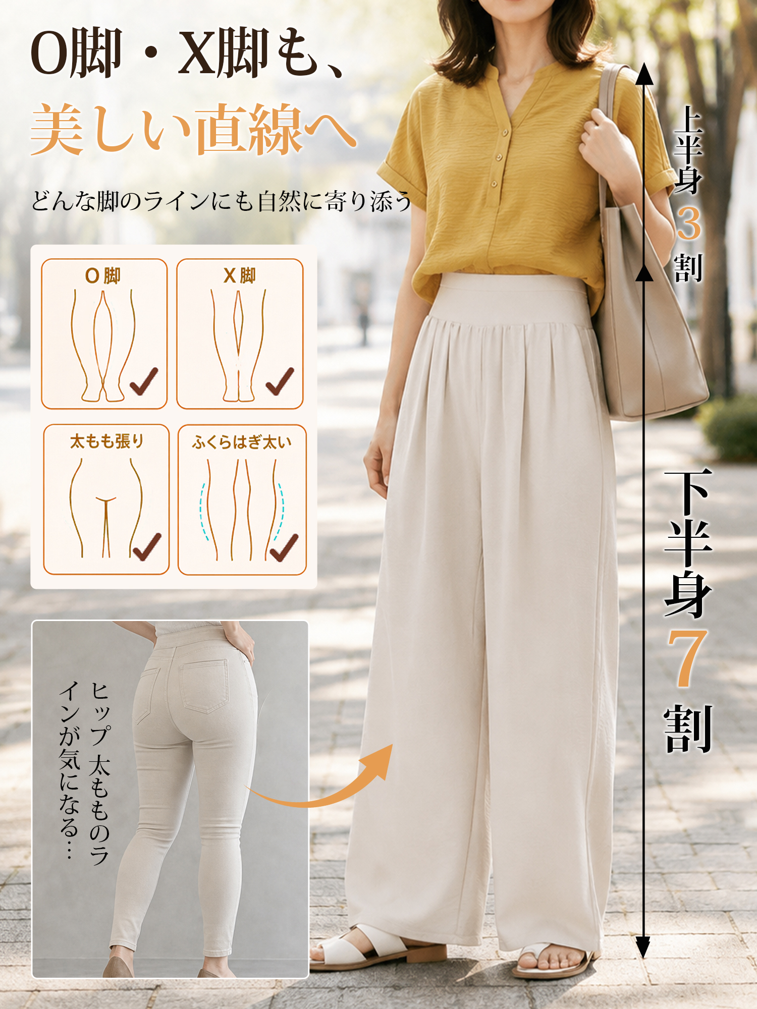 【ハイウエスト ゆったりストレート テーラードパンツ】幅広ウエストバンドが締め付けをやわらげ、視覚的にすっきり。腰まわりに自然にフィットし、心地よいはき心地を実現します。