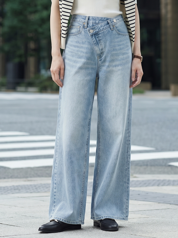 【 ~タイム限定 さらに53%OFF~】斜めボタンワイドデニム｜個性的な斜めデザインでウエストすっきり オールシーズン対応