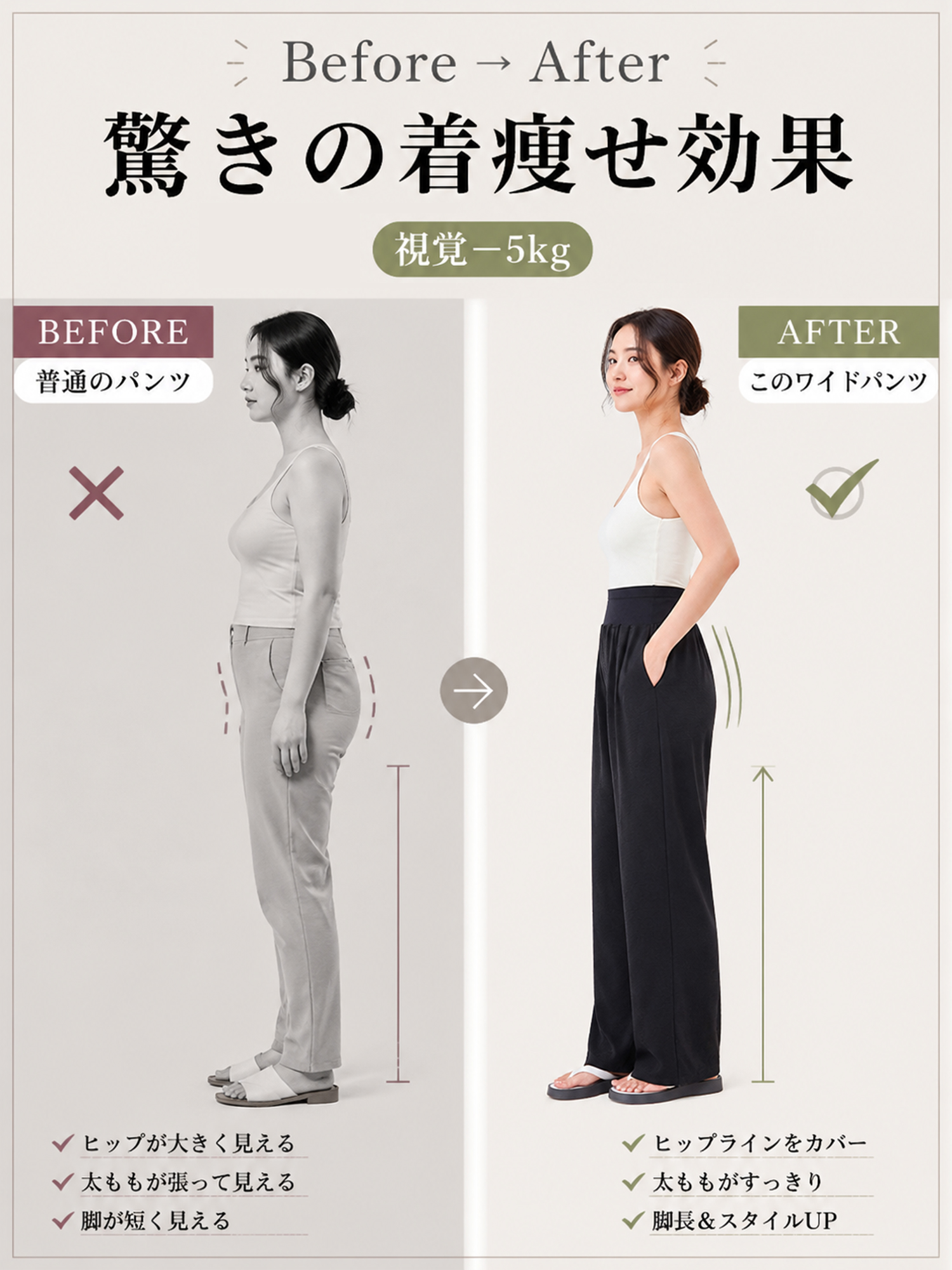 【ハイウエスト ゆったりストレート テーラードパンツ】幅広ウエストバンドが締め付けをやわらげ、視覚的にすっきり。腰まわりに自然にフィットし、心地よいはき心地を実現します。