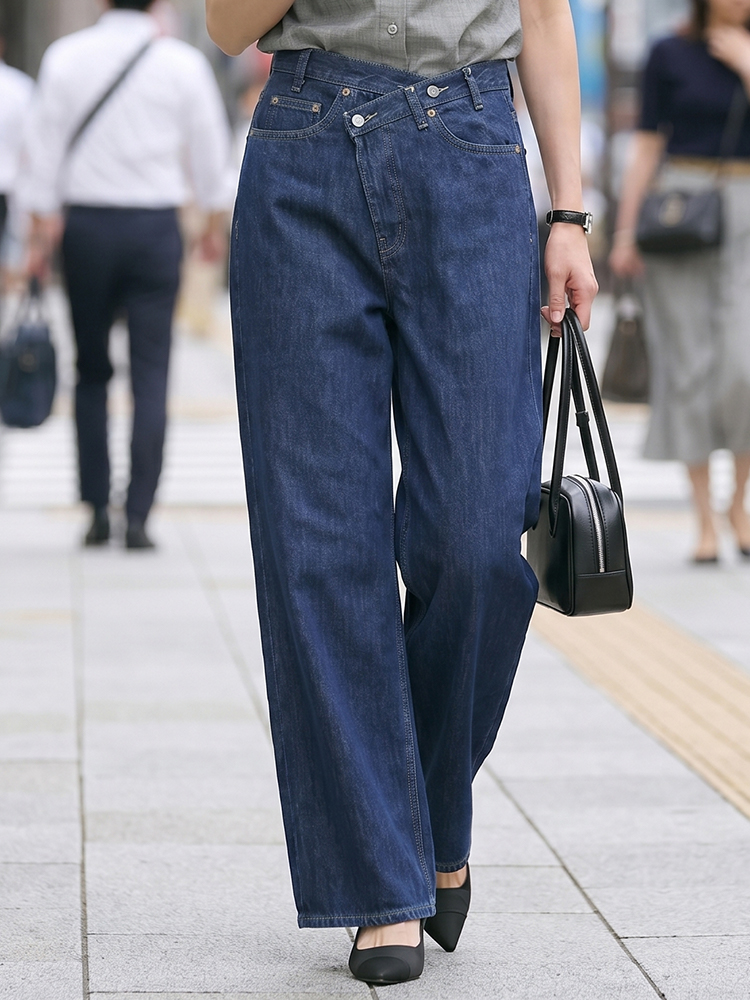 【 ~タイム限定 さらに53%OFF~】斜めボタンワイドデニム｜個性的な斜めデザインでウエストすっきり オールシーズン対応