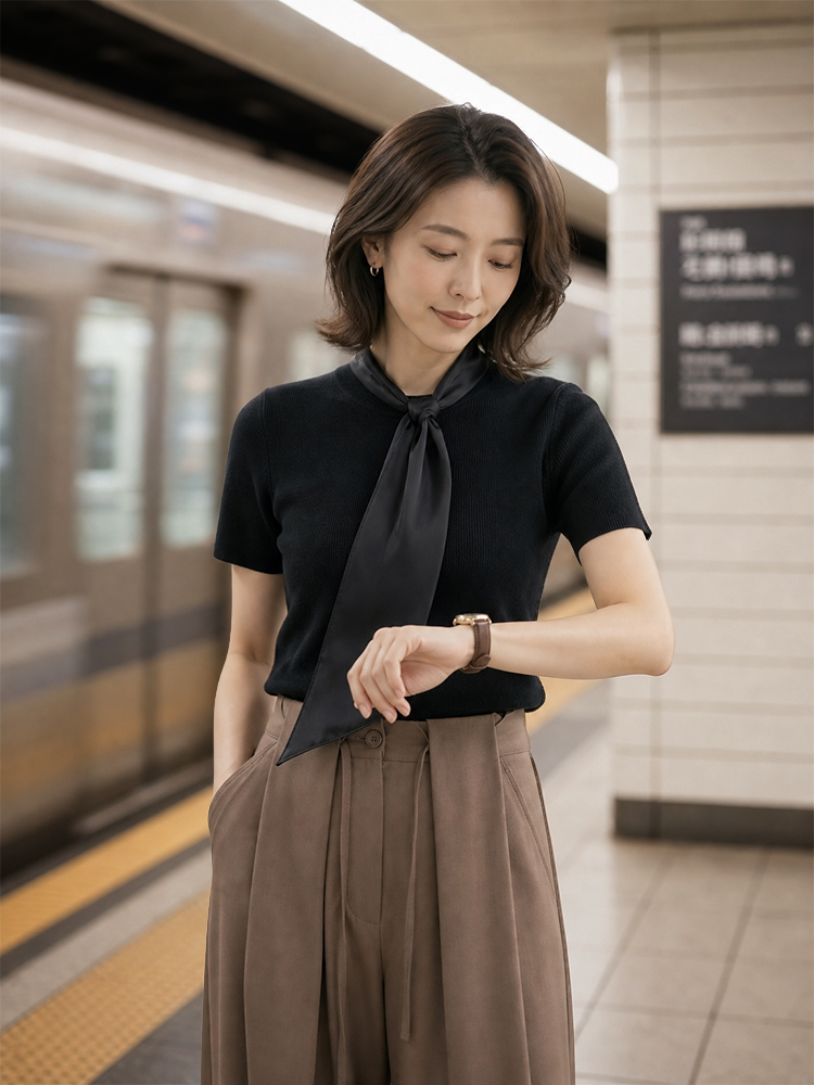 【リボンストラップニット半袖】おしゃれで若見え、夏にぴったりのリボン付き半袖ニットトップス-sosove