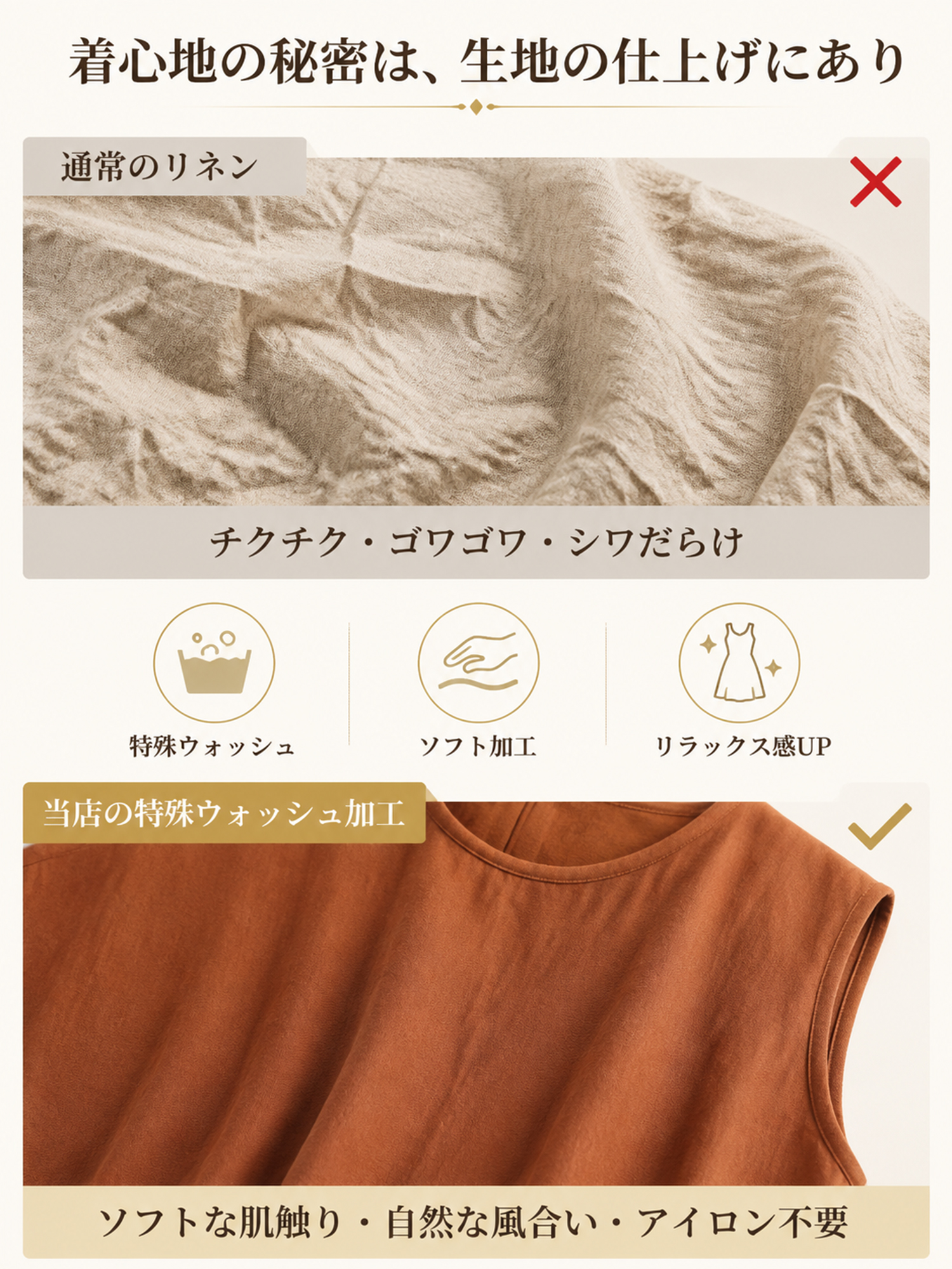 【シンプルラウンドネックコットンリネン通勤ワンピース】 Aラインでお腹・ヒップをカバーし軽やか；通気性・肌触り良好なコットンリネン；ウエストレスで締め付けず、ゆったり裾が歩くたびに風を通す。