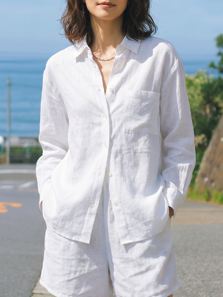【リネン刺繍ゆったりシャツ】天然エアコン素材、通気性・吸水性に優れ、エコで生分解対応、通勤・普段使いに