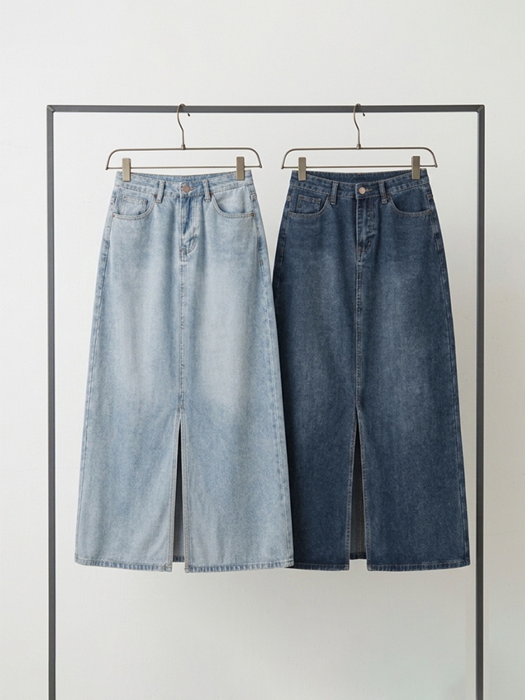 【ヴィンテージ デニム ロングスカート~】 フロントスリット 脚長効果 すっきり見え 抜け感-sosove