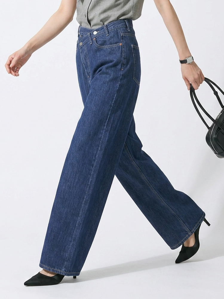 【 ~タイム限定 さらに53%OFF~】斜めボタンワイドデニム｜個性的な斜めデザインでウエストすっきり オールシーズン対応