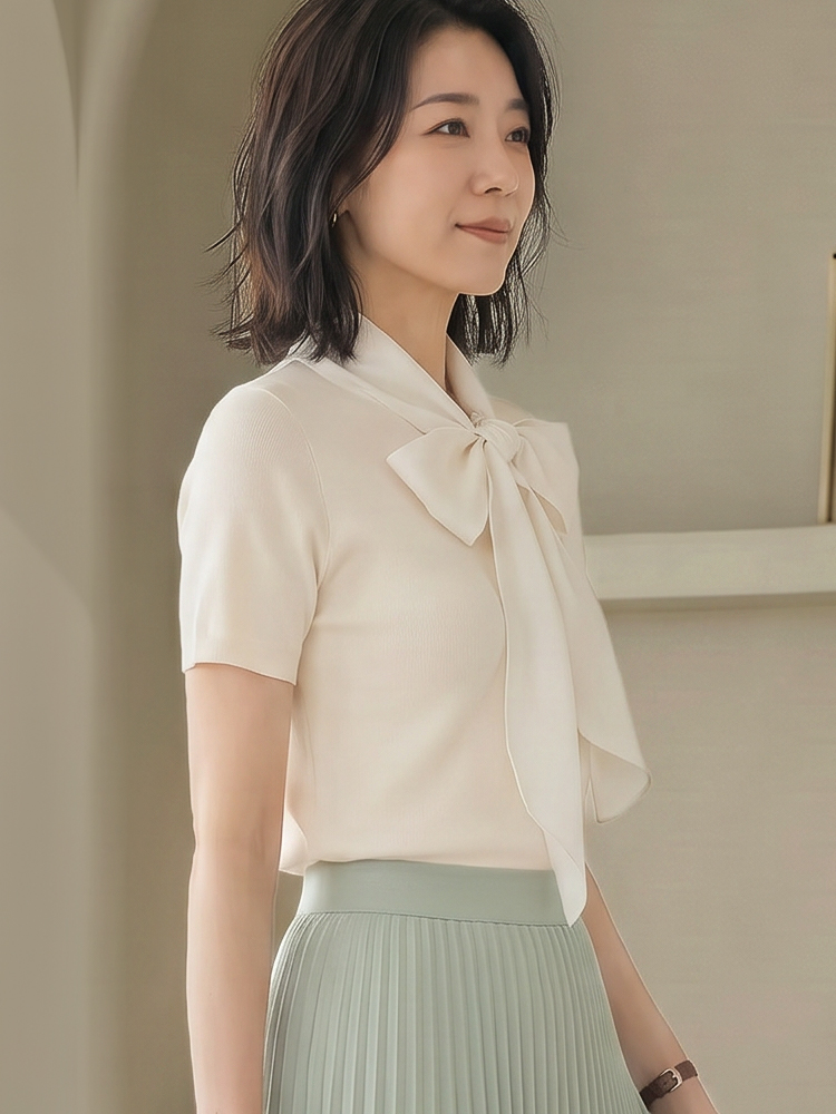 【リボンストラップニット半袖】おしゃれで若見え、夏にぴったりのリボン付き半袖ニットトップス-sosove