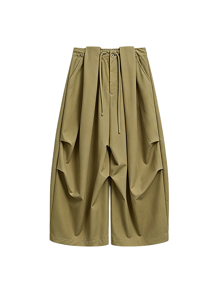 【カーゴパンツ】ゆったりドローストリング・ウォッシュ加工、バルーンシルエット。体型をカバーし、ウエストベルト調節でさまざまな体型・身長に対応。