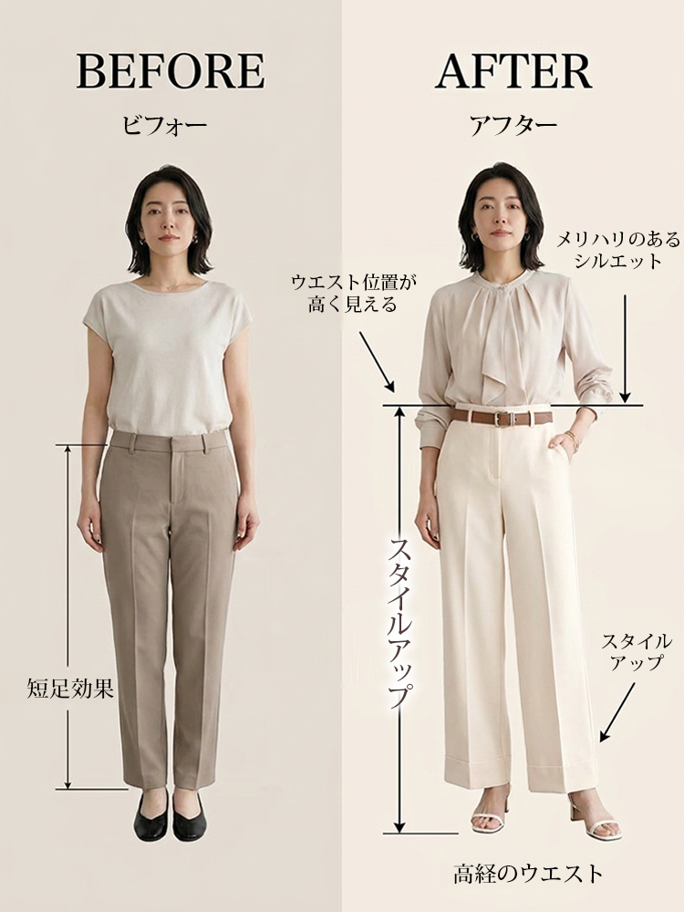 【ベルト付き、テーラードワイドパンツ】ハイウエスト、ベルト付き。細見えシルエット、脚長補正効果抜群、通勤にも万能。