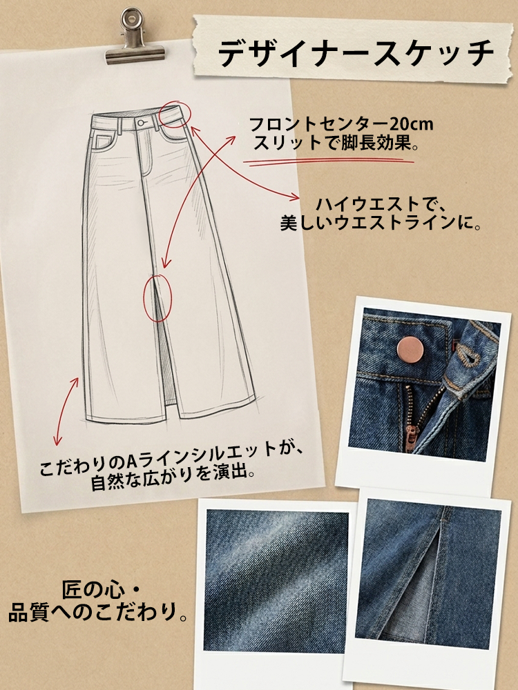 【ヴィンテージ デニム ロングスカート~】 フロントスリット 脚長効果 すっきり見え 抜け感-sosove
