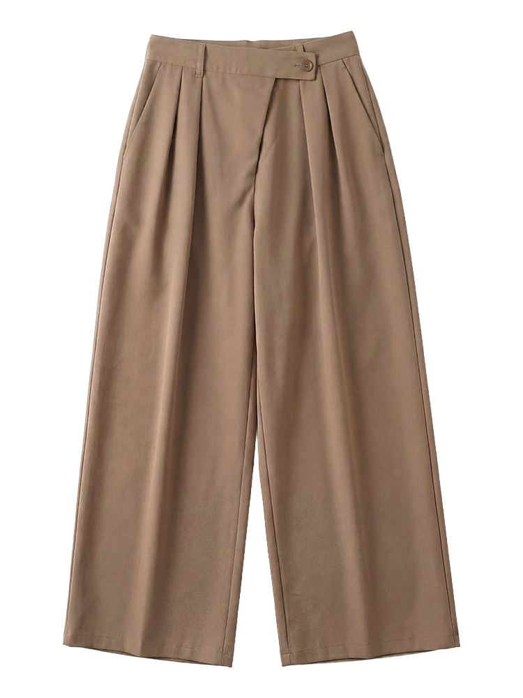 1363936 【アシンメトリーハイウエストワイドパンツ】折り込み斜め前立て、ドレープスラックス。前すっきり後ろゆとりで快適。