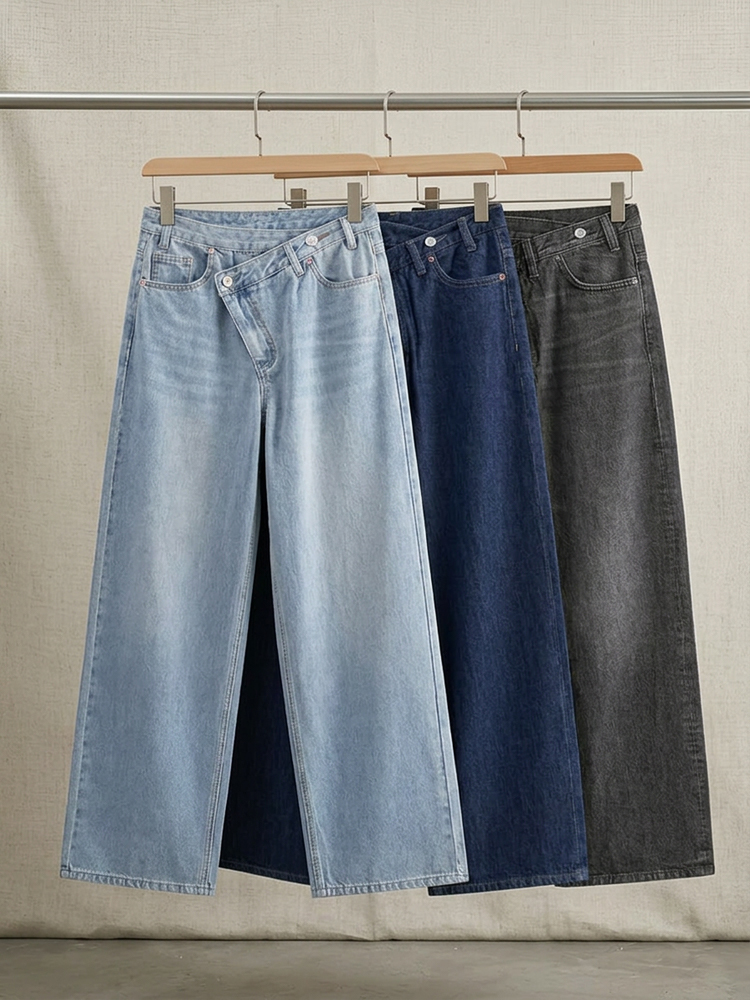 【 ~タイム限定 さらに53%OFF~】斜めボタンワイドデニム｜個性的な斜めデザインでウエストすっきり オールシーズン対応