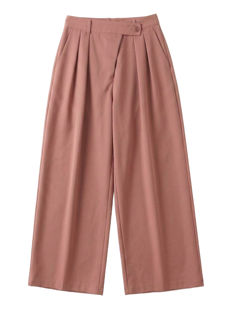 1363936 【アシンメトリーハイウエストワイドパンツ】折り込み斜め前立て、ドレープスラックス。前すっきり後ろゆとりで快適。