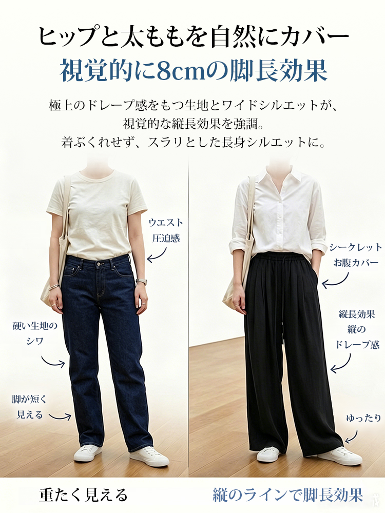 1359229 【テンセル ロング丈ワイドパンツ】  100%テンセル、ゆったりロングシルエット。快適＆おしゃれ、体型を選ばない。