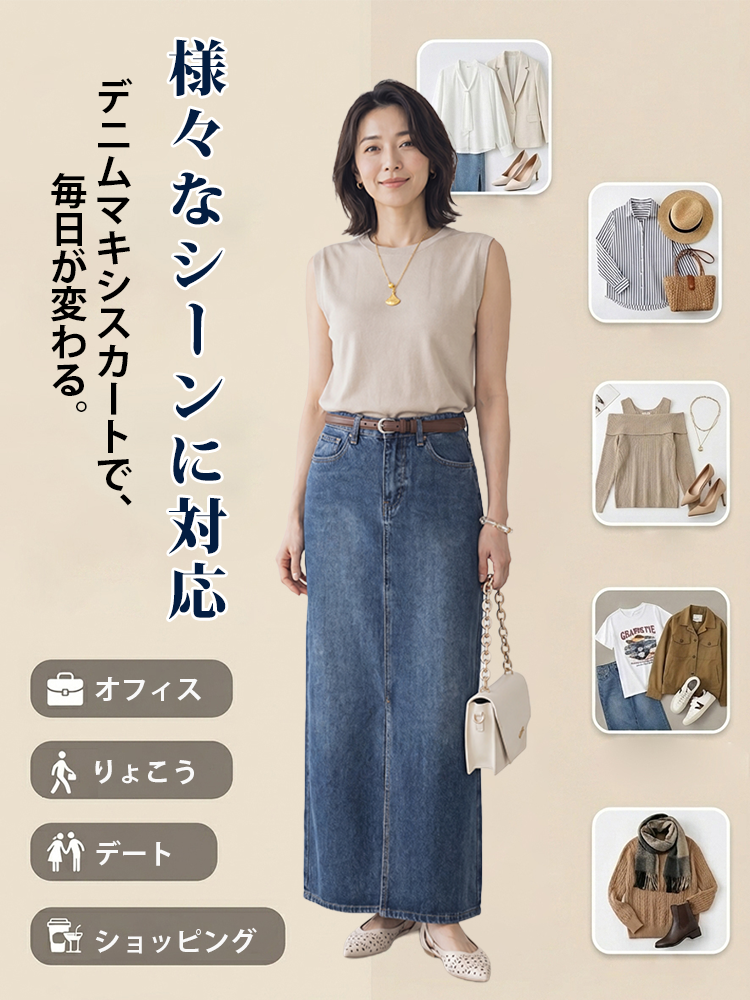 【ヴィンテージ デニム ロングスカート~】 フロントスリット 脚長効果 すっきり見え 抜け感-sosove