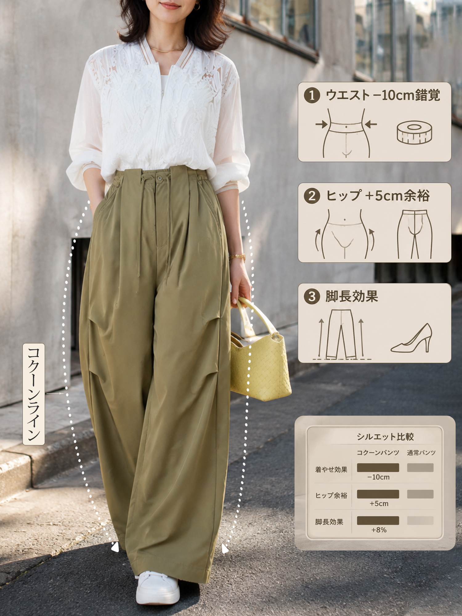 【カーゴパンツ】ゆったりドローストリング・ウォッシュ加工、バルーンシルエット。体型をカバーし、ウエストベルト調節でさまざまな体型・身長に対応。