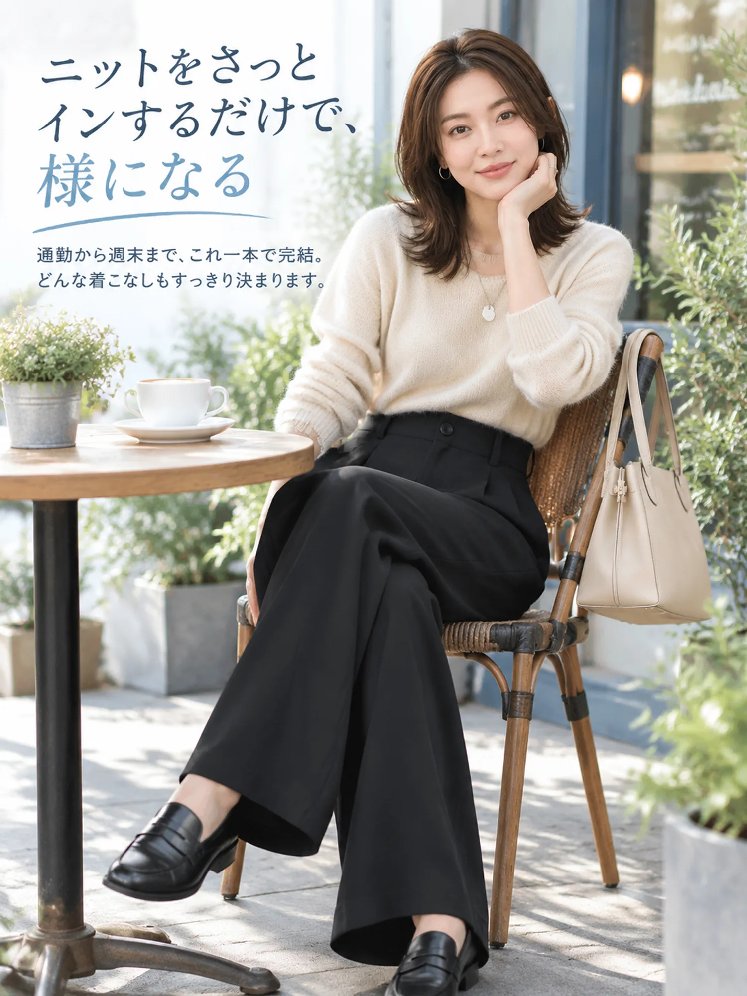 【上品な落ち感で細見え】すらっと脚長見えストレートワイドスラックス