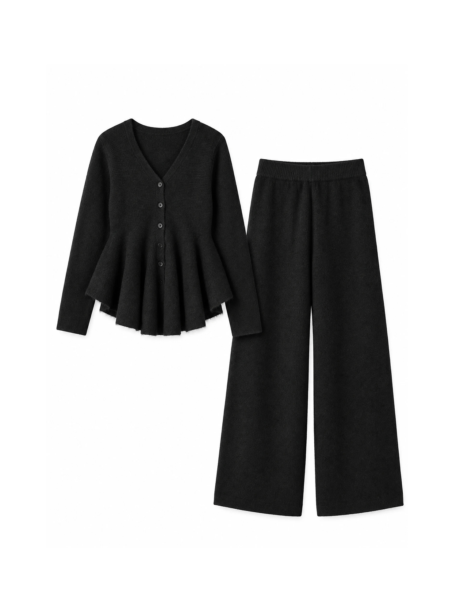 【垢抜けセットアップ  |  もちもちVネックフリル TOPS ＋ 美シルエットニットパンツ 2点セット】