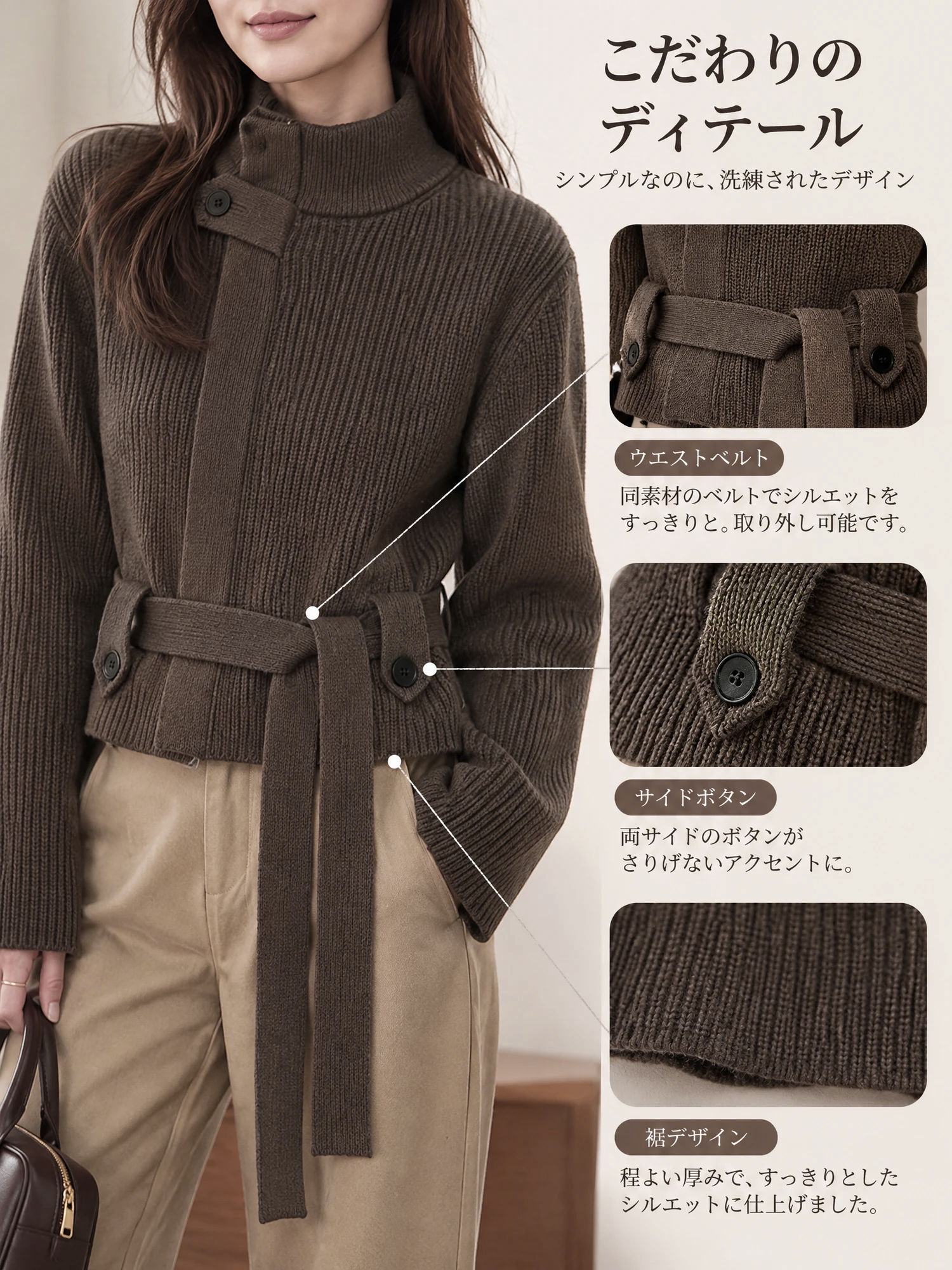 【スタンドカラー ウエストリボンニットアウター すっきり上品トップス】