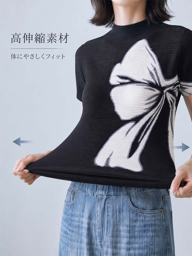 【洗練された通勤の必須アイテム】白黒リボンプリント、程よい凹凸感のあるプリーツブラウス-sosove