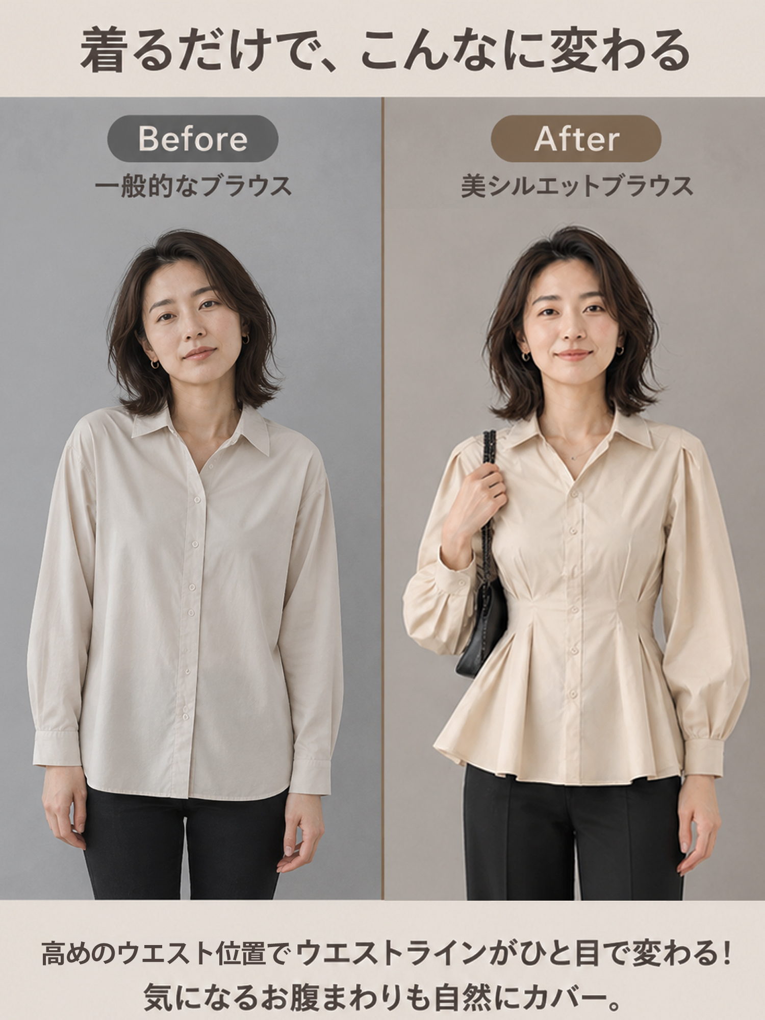 【上品デザインブラウス】ウエストラインをきれいに見せる  