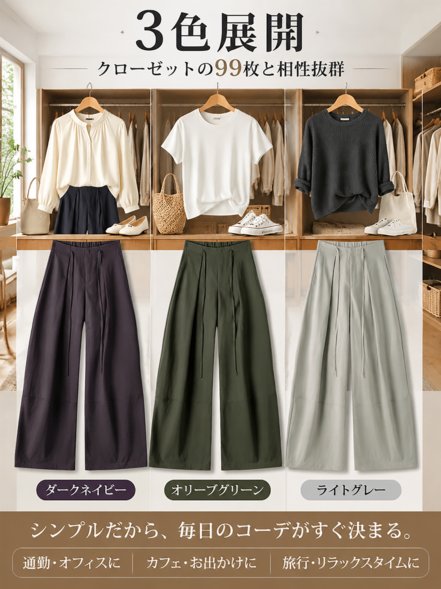 【ドローストリングタックワイドパンツ】 タックでお腹まわりをカバー、ワイドシルエットで脚のラインを拾いにくい。秋の装いに映える、すっきり見えワイドパンツ。